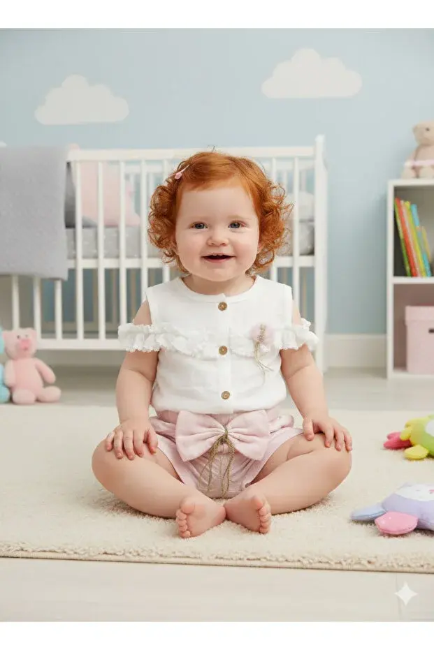 Fırfır Detaylı Müslin Şortlu Kız Takımı - %100 Pamuk Nefes Alabilir - (9-12-18 Ay) Seri - 746-Pembe